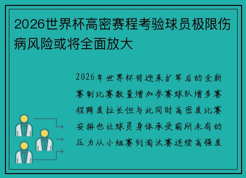 2026世界杯高密赛程考验球员极限伤病风险或将全面放大
